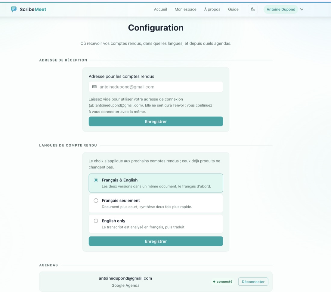 Page de configuration : adresse de réception, langues du compte rendu, agenda Google relié.