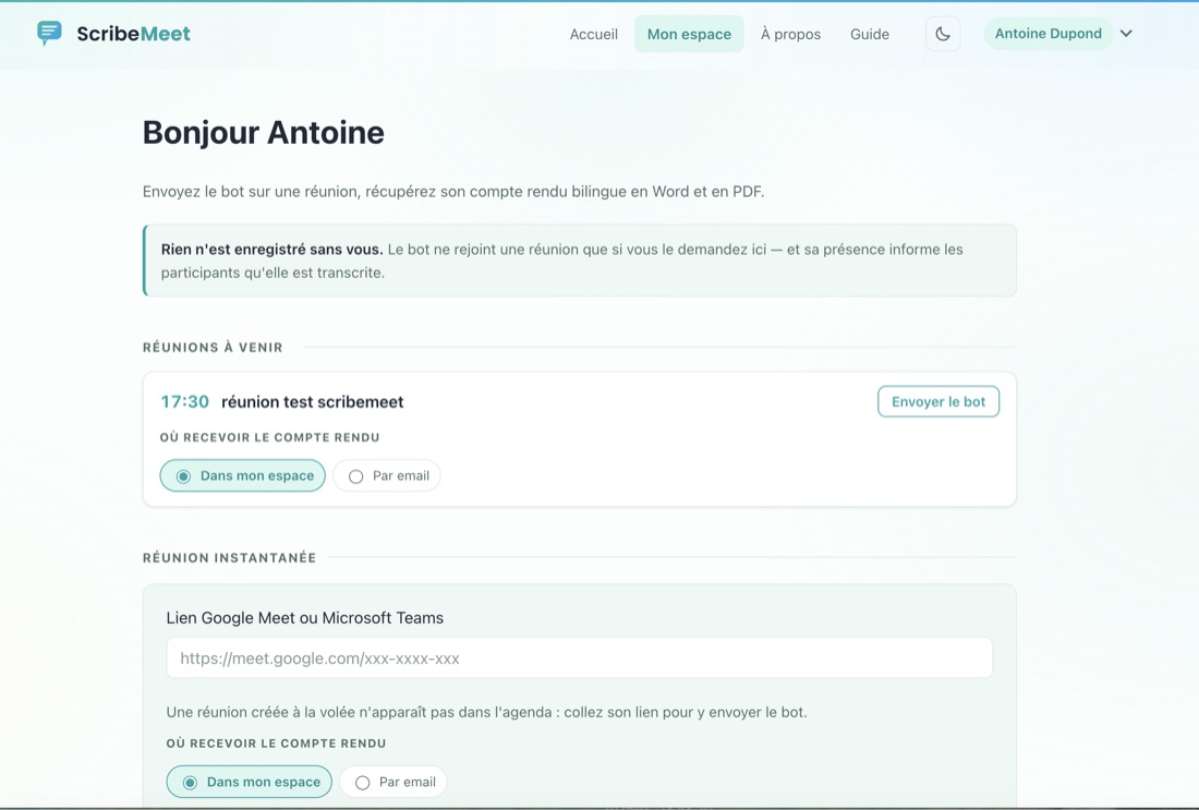 L'espace membre : les réunions à venir, lues depuis l'agenda, avec un bouton pour y envoyer le bot.