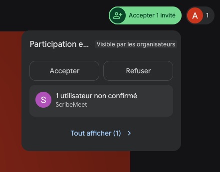 Google Meet demande d'accepter ou refuser un participant nommé ScribeMeet.