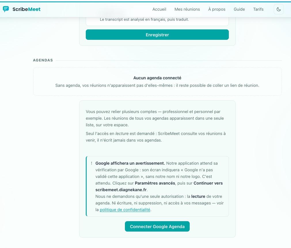 La section Agendas de la configuration, sans agenda connecté, avec le bouton Connecter Google Agenda.