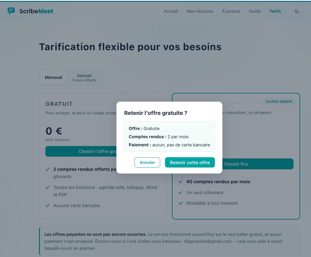 La page des tarifs, avec la fenêtre qui récapitule l'offre gratuite avant de la retenir.